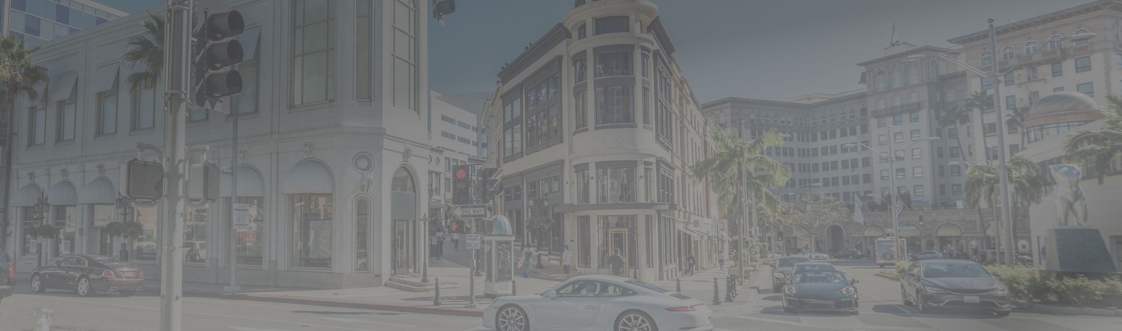 Busy street view with palm trees and buildings.