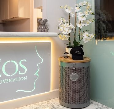 Modern reception area with decorative orchids.