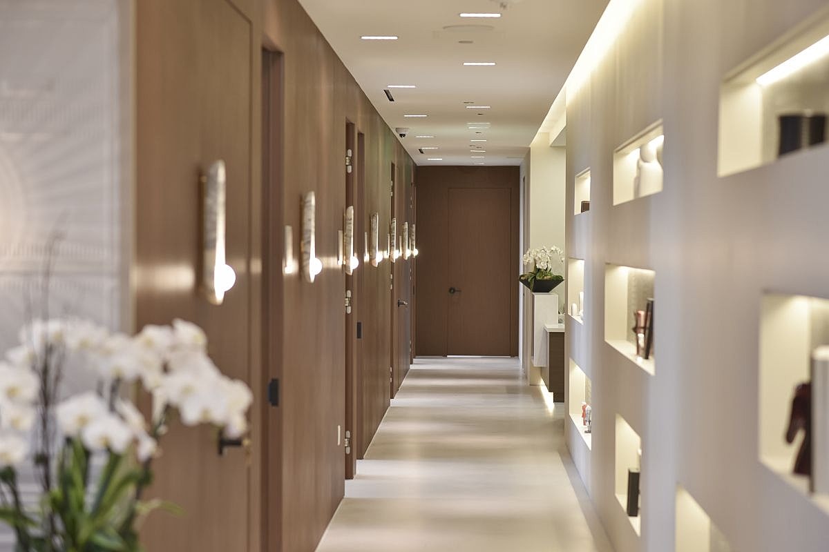 Modern hallway with warm wooden accents.