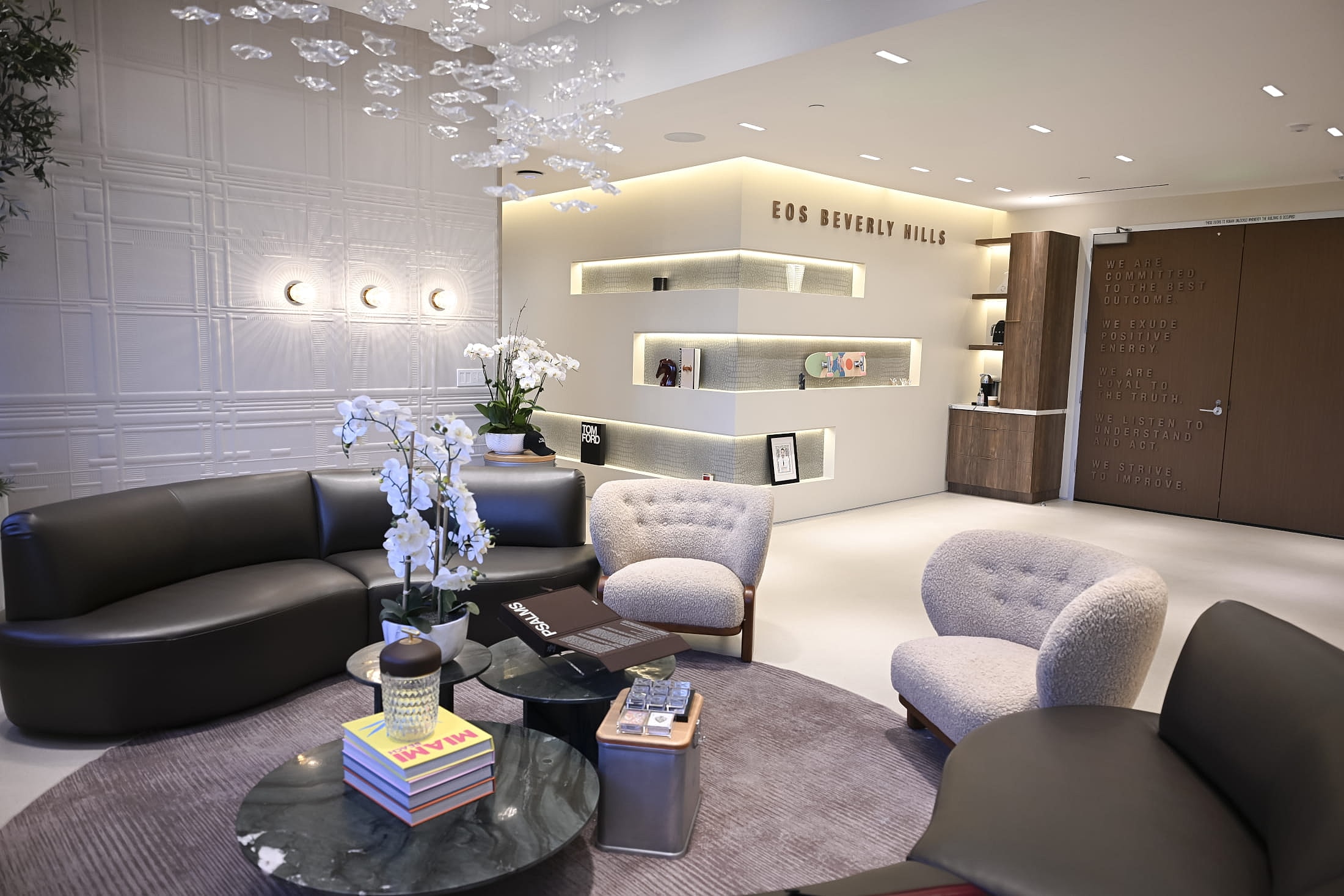 Modern reception area with stylish seating and decor.